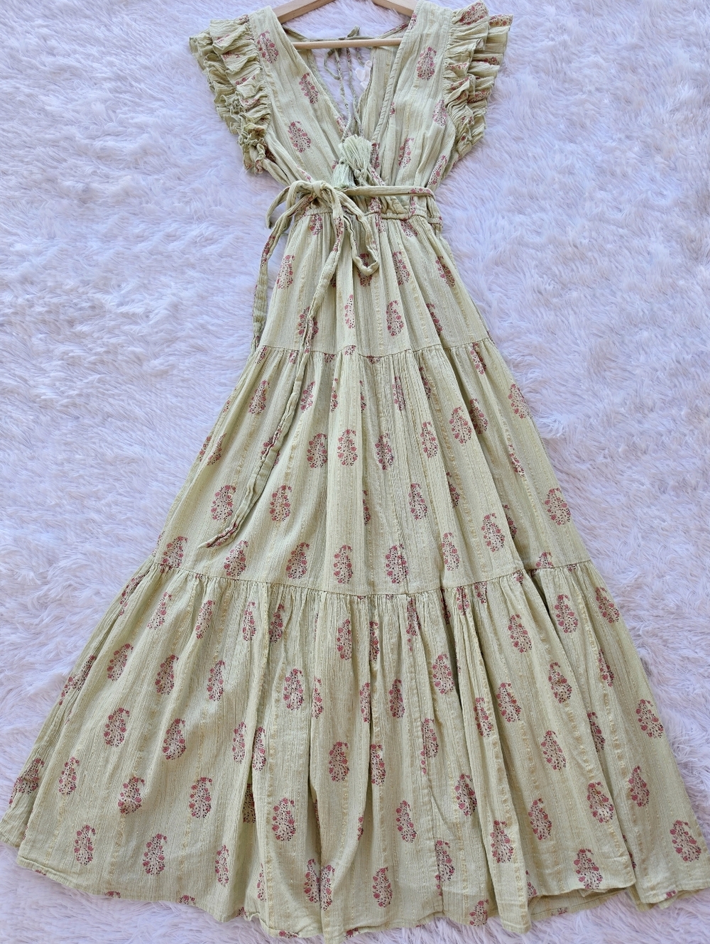 A Loves A Floral Metallic Striped Print Surplice V-neck Tiered Maxi Dress